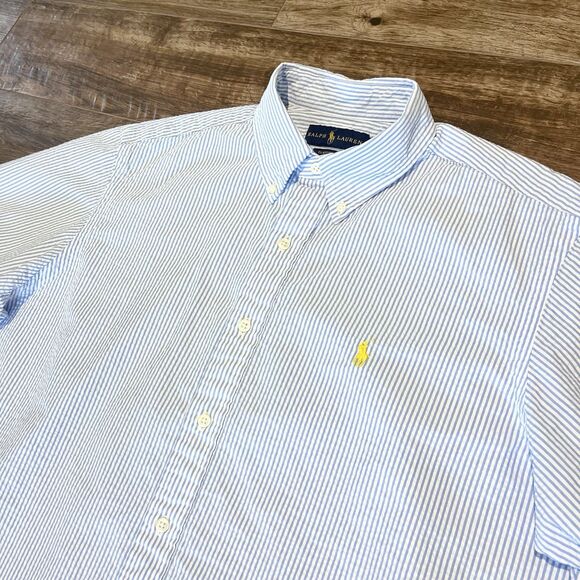 VTG Polo Ralph Lauren Shirt Mens Large Blue White Classic Fit Seersucker Striped - Picture 1 of 11